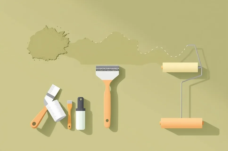 Outils de peinture disposés dans l'ordre des étapes du chantier