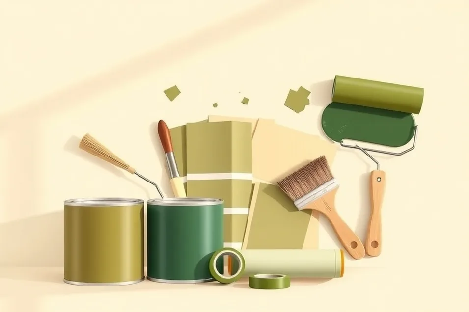 Pots de peinture, nuancier, brosses et rouleaux disposés à plat