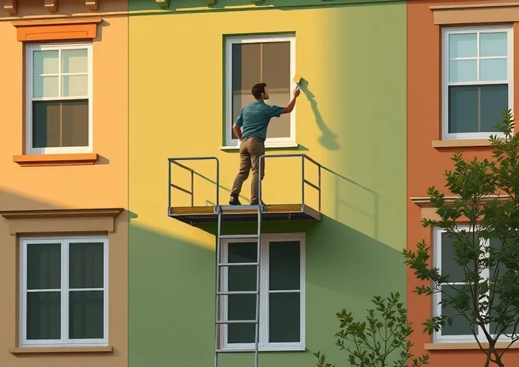 Peintre sur échafaudage traitant la façade d'une maison