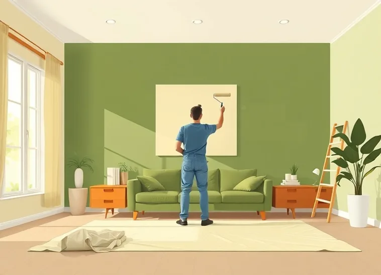 Peintre appliquant la peinture au rouleau sur un mur de salon